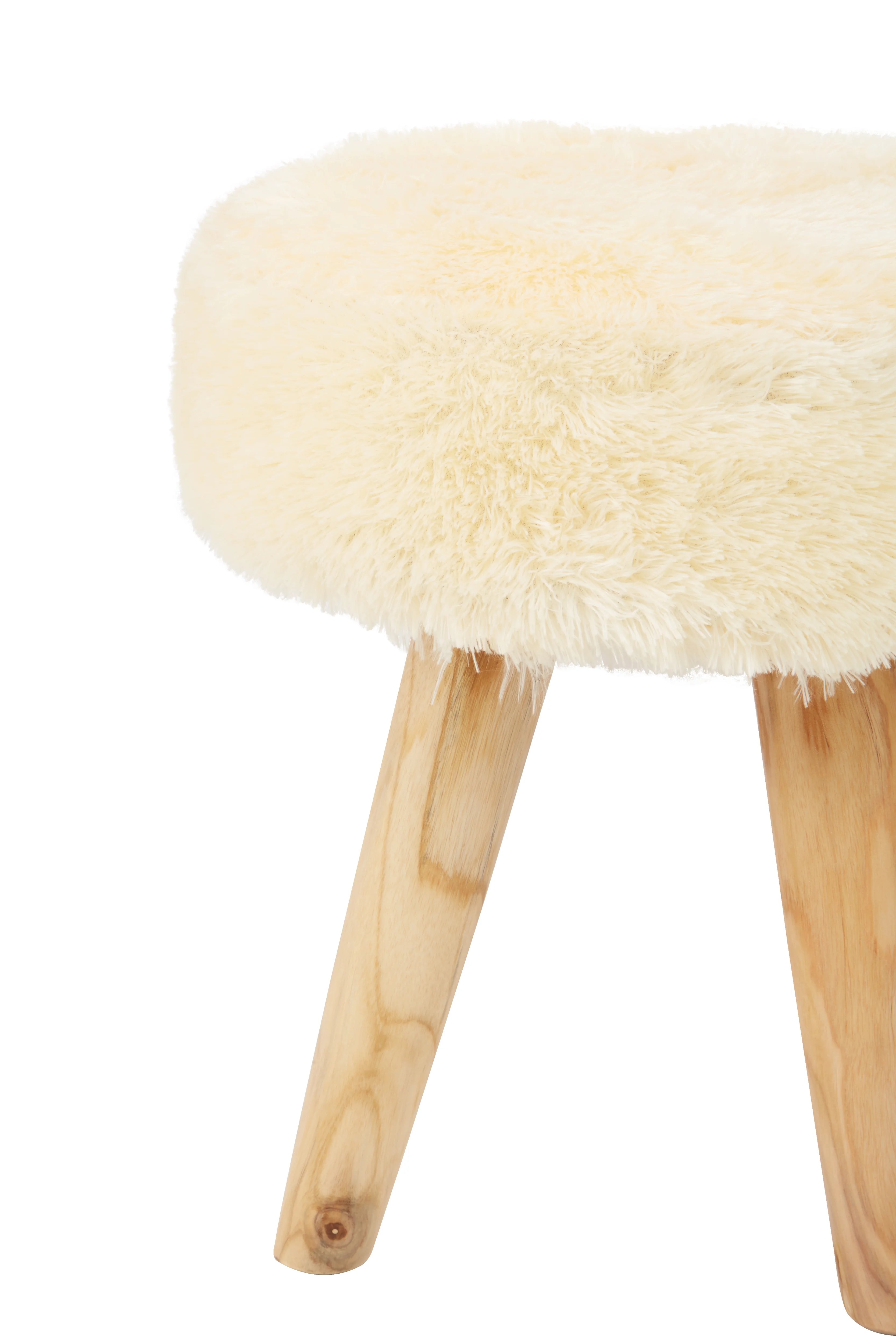 Fieldings Cream Faux Fur & Natural Teak Wood Stool